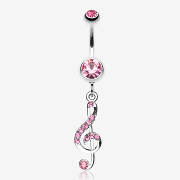 G Clef Music Note Sparkle Belly Ring-Light Pink